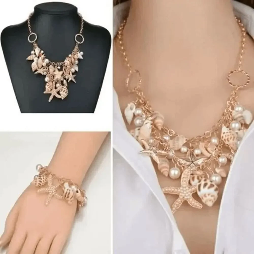 Chunky Golden Beach Starfish Concho Shell Pearl Necklace and Bracelet Set